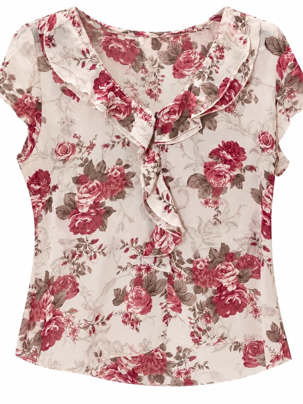 Ruffled V-Neck Floral Blouse in Rose Pink
